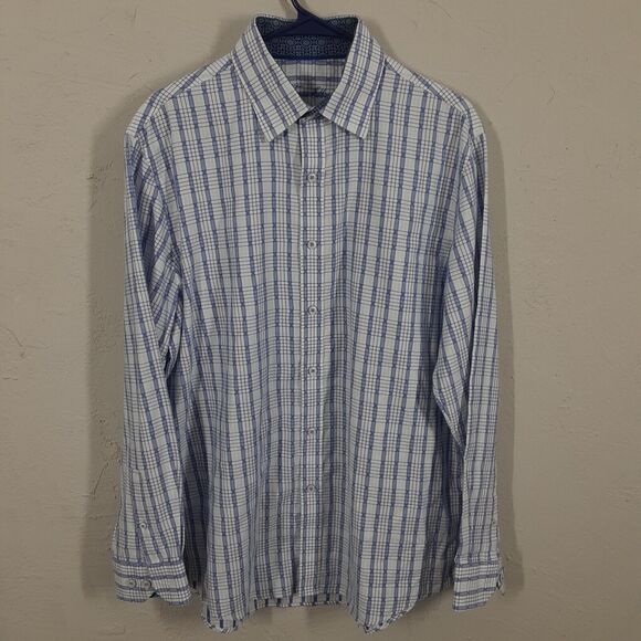 Tasso Elba Button Up Shirt Men's Large Blue Geometric Print Casual Long Sleeve - Picture 1 of 8